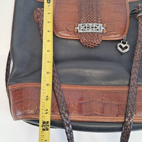 BRIGHTON Black Leather Brown Croc Emboss Braided Handle Shoulder Bag - Picture 14 of 15
